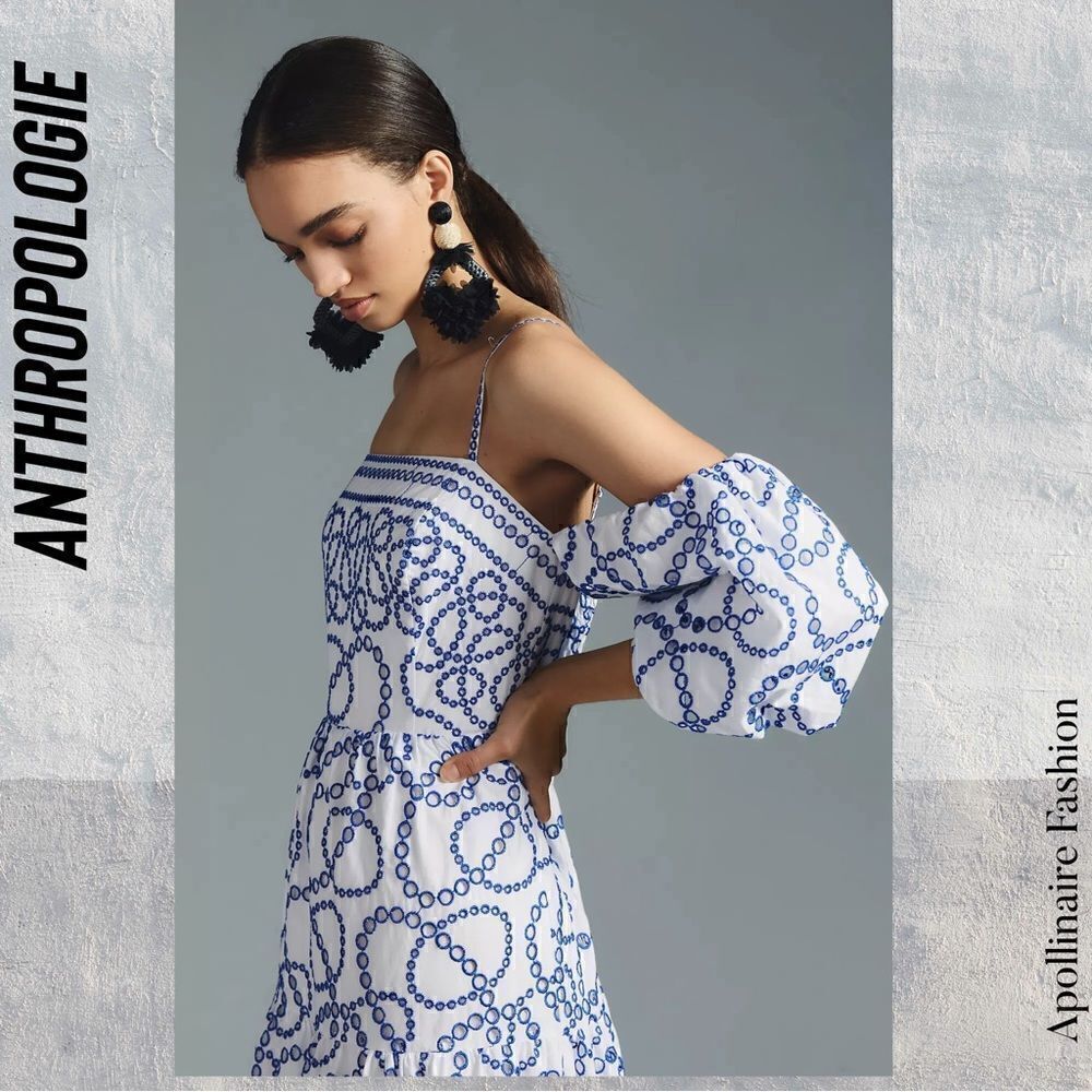 ANTHROPOLOGIE PUFF SLEEVES EYELET MAXI DRESS IN BLUE WHITE NWOT - Picture 4 of 10